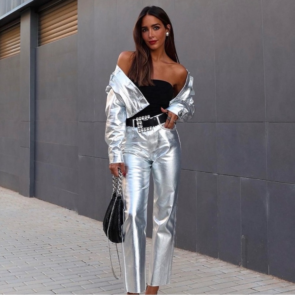 High rise straight cut metallic pants